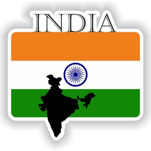 May include: A sticker with the word "INDIA" in white letters on a white background. The sticker features the Indian flag with an orange, white, and green stripe pattern. A black silhouette of the country of India is superimposed on the flag.