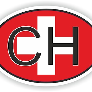 May include: A red oval sticker with a white cross and the letters "CH" in black.