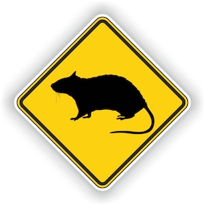 May include: A yellow diamond-shaped warning sign with a black silhouette of a rat inside. The sign has a white border.