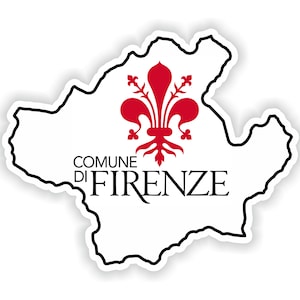 Könnte beinhalten: Eine weiße Umrandung der Region Florenz, Italien, mit einem roten Liliensymbol und dem Text "COMUNE DI FIRENZE".