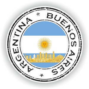 May include: A black and white distressed circular stamp with the text "Argentina Buenos Aires" around the edge. The center of the stamp features the flag of Argentina with a cityscape.