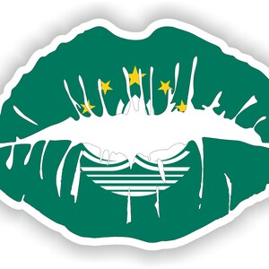 May include: A green lip print with five yellow stars and a white stripe design in the center. The lip print is outlined in white.