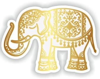 May include: A gold-colored elephant silhouette with intricate floral patterns and decorative details. The elephant is standing on a white background.