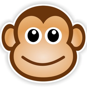 May include: A cartoon monkey face with brown fur, big brown eyes, and a wide smile. The monkey's ears are brown and stick out from the sides of its head.