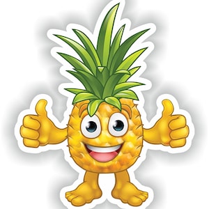 Pode incluir: Um abacaxi de desenho animado com um rosto sorridente e polegares para cima, vestindo um corpo amarelo e folhas verdes no topo da cabeça.