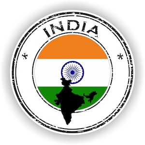 May include: A round, distressed, black and white stamp with the word "INDIA" in a circle around the Indian flag and a silhouette of the country's map.