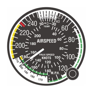 May include: A black and white aircraft airspeed indicator with a green and yellow dial. The dial reads from 0 to 240, with markings for knots and miles per hour. The needle is pointing to 160 knots.
