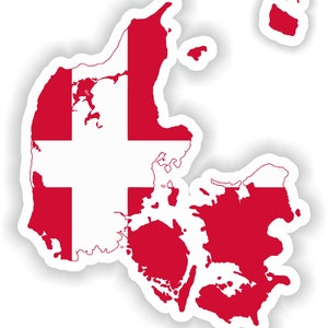 May include: A sticker of the outline of Denmark with the Danish flag colors, red and white, filling the shape.