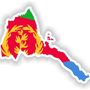 May include: A sticker of the outline of Eritrea with the Eritrean flag colours: red, green, and blue. The flag features a gold emblem of a wreath with a stylised olive branch.