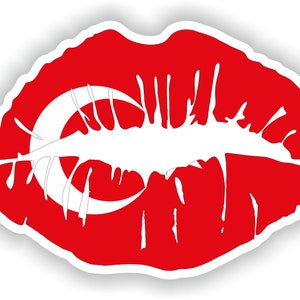 May include: A red lip print with a white crescent moon and star design, resembling the Turkish flag.