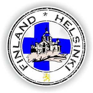 Puede incluir: Un sello redondo en blanco y negro con las palabras "FINLANDIA" y "HELSINKI" alrededor del borde. El centro del sello presenta una cruz azul con una ilustración en blanco y negro de un edificio de iglesia. Una pequeña imagen en blanco y negro de un león se encuentra en la parte inferior del sello.