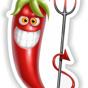 May include: A red chili pepper with a devilish grin, holding a black trident with a red tail. The chili pepper has a green stem and white teeth.