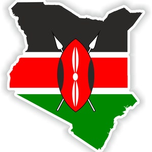 May include: A black, red, and green map of Kenya with a white shield and spears in the center. The shield has a white circle and two white lines.