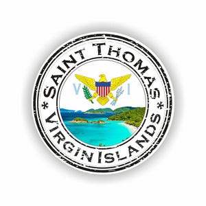 Può includere: Un adesivo rotondo con il sigillo di Saint Thomas, Isole Vergini. Il sigillo include una scena di spiaggia con acqua turchese, isole verdi e il testo "SAINT THOMAS VIRGIN ISLANDS". Il sigillo presenta anche un'aquila gialla con uno scudo blu e rosso.