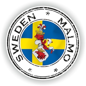 Puede incluir: Un sello redondo en blanco y negro con el texto "SWEDEN MALMO" alrededor del borde. El centro del sello presenta la bandera sueca con un escudo de armas.