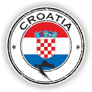 Op de afbeelding: Een ronde, zwart-witte stempel met het woord "CROATIA" in een cirkel rond de Kroatische vlag en een zwarte omtrek van de vorm van het land.