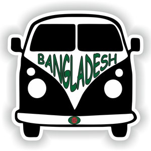 Może przedstawiać: Czarno-biała ilustracja vintage'owego vana z napisem "BANGLADESH" w zielonych literach na przodzie. Van ma czerwony okrąg z białymi literami "BD" na przednim zderzaku.