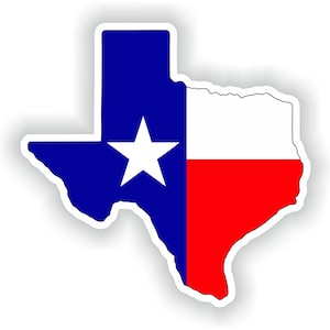 May include: A sticker of the state of Texas with the Texas flag colors: blue, white, and red. The sticker has a white outline.