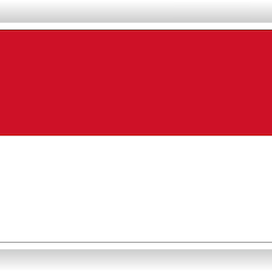 Könnte beinhalten: Ein rechteckiger Aufkleber mit der Flagge Indonesiens. Die Flagge ist horizontal in zwei gleiche Teile geteilt: Der obere Teil ist rot, der untere Teil ist weiß. Der Aufkleber hat abgerundete Ecken und einen weißen Rand.