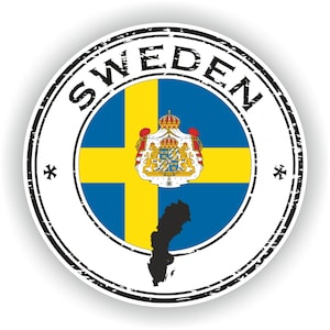 May include: A round, black and white stamp with the word "SWEDEN" in a circle around the Swedish flag and a silhouette of the country's shape.