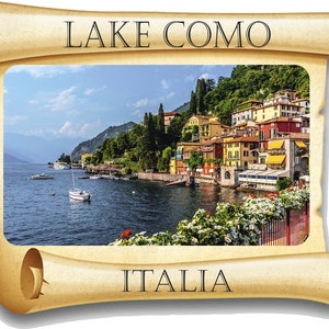 May include: A scenic view of Lake Como in Italy, featuring colorful buildings lining the shoreline. The water is a deep blue, and the sky is a bright blue with white clouds. The image is framed in a parchment-like border with the text "LAKE COMO" and "ITALIA" at the top and bottom.