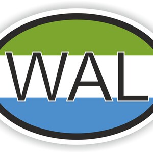 May include: Oval sticker with a green, white and blue design. The sticker has the word "WAL" in black letters.