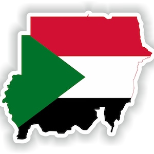 May include: A sticker of the outline of Sudan with the Sudanese flag colours: red, white, black, and green.
