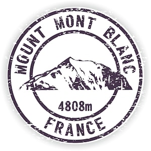 May include: A distressed, circular stamp with the text "MONT BLANC" and "FRANCE" in a dark purple color. The stamp also features a silhouette of a mountain range and the text "4808m".