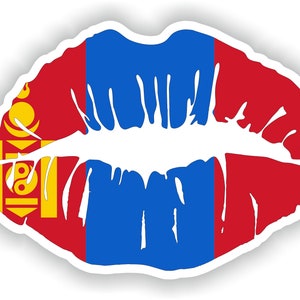 May include: A sticker in the shape of lips, featuring the flag of Mongolia. The design incorporates red, blue, and yellow colors, with a white outline. The lips are slightly parted, suggesting a kiss.