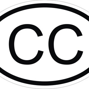 Peut inclure: Autocollant ovale avec un fond blanc et un bord noir. L'autocollant présente les lettres "CC" en gras, en noir. Le design est simple et graphique.