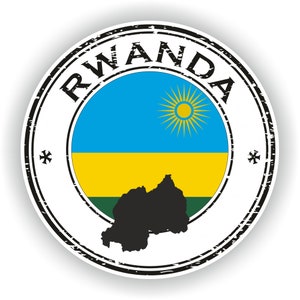 Può includere: Un timbro circolare usurato con la parola "RWANDA" in lettere nere attorno al bordo. Il centro del timbro presenta la bandiera del Ruanda, una tribanda orizzontale blu, gialla e verde con un sole giallo nella banda blu. Il contorno del Ruanda è mostrato in nero sotto la bandiera.
