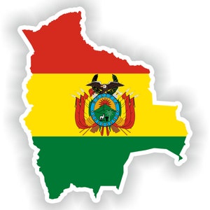 Puede incluir: Una pegatina con el contorno de Bolivia con los colores de la bandera boliviana: rojo, amarillo y verde. La bandera presenta el escudo de armas boliviano en el centro.