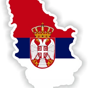 May include: A sticker of the outline of Serbia with the Serbian flag inside. The flag is red, blue, and white with the coat of arms in the center.