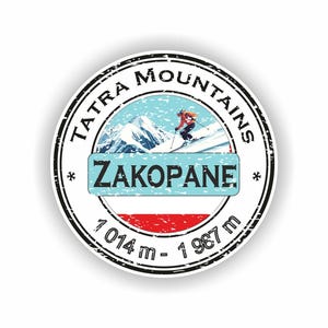 Puede incluir: Adhesivo redondo con una escena de montaña nevada y un esquiador. Se muestra el texto "TATRA MOUNTAINS" y "ZAKOPANE". El adhesivo también incluye el rango de altitud de 1014 m - 1987 m.