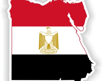 Puede incluir: Una pegatina con el contorno de Egipto con los colores de la bandera egipcia: rojo, blanco y negro. La bandera presenta un águila dorada con un escudo y texto en árabe.