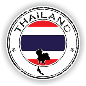 Könnte beinhalten: Ein runder, schwarz-weißer Stempel mit dem Wort "THAILAND" in einem Kreis um die thailändische Flagge und einer Silhouette der Landkarte.