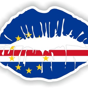 May include: A red, white, and blue lip print with a stylized design. The lip print features the flag of Cape Verde, with a blue background, a red stripe, a white stripe, and ten yellow stars.