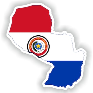 May include: A sticker of the outline of Paraguay with the country's flag. The flag is red, white, and blue with a blue circle in the center that has a yellow star and a branch of olive leaves.