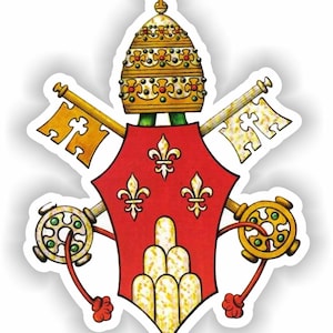 Puede incluir: Un escudo de armas papal rojo y dorado con tres flores de lis, dos llaves cruzadas y una tiara papal.