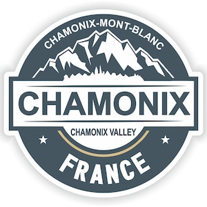 May include: A blue and white circular sticker with the text "Chamonix-Mont-Blanc" and "Chamonix" in a white banner. The text "Chamonix Valley" and "France" are also included in the sticker.