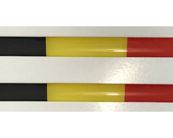 May include: Two black, yellow, and red rectangular stickers with a glossy finish. The stickers are arranged horizontally, one above the other.