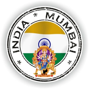 May include: A round, black and white stamp with the words "India Mumbai" around the edge. The center of the stamp features the Indian flag with a depiction of a Hindu goddess.