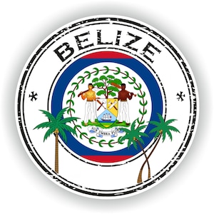 May include: A distressed circular stamp with the word "BELIZE" in black lettering around the border. The center of the stamp features the Belize flag with a coat of arms depicting two men holding axes and a ship sailing under a tree. The flag is blue, red, and white with palm trees on either side.