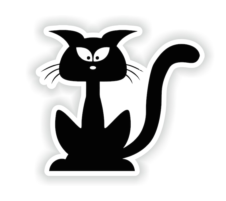 May include: A black cat sticker with a white border. The cat is stylized with a large head, pointed ears, and a long, curved tail. The cat's eyes are white with black pupils, and it has long whiskers.