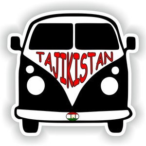 May include: A black and white illustration of a vintage van with the word "TAJIKISTAN" written in red across the front. The van has a white bumper with the flag of Tajikistan on it.