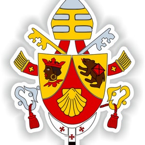 Puede incluir: Un escudo de armas rojo y amarillo con un oso negro, una mujer con corona y una concha de vieira. El escudo de armas está rodeado por dos llaves y una mitra.