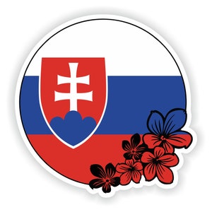 Könnte beinhalten: Ein runder Aufkleber mit der Flagge der Slowakei. Die Flagge zeigt ein weißes Kreuz auf rotem Hintergrund, mit einem blauen Schild und weißen Wolken. Der Aufkleber ist mit schwarzen und roten Blumen verziert.