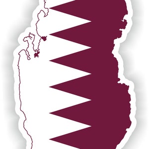 Puede incluir: Una pegatina con el contorno de Qatar con los colores de la bandera del país, granate y blanco, en forma de línea irregular.