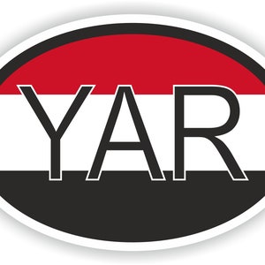 May include: A white oval sticker featuring a red, white and black Yemeni flag design. The text "YAR" is printed in black letters on the white stripe of the flag.