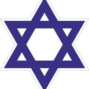 May include: A blue six-pointed star, also known as the Star of David, on a white background.